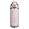 Pink Stanley water bottle with a silver cap on a white background
