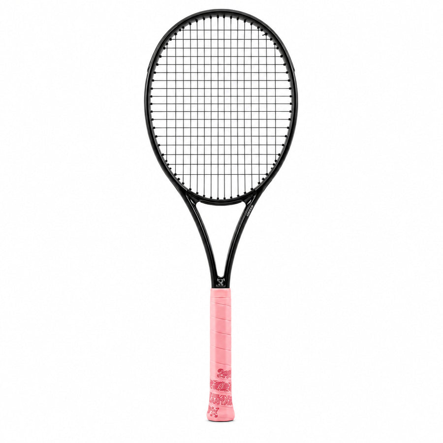 A black tennis racket with a pink star-shaped string pattern on the strings and a pink grip, shown against a solid white background.