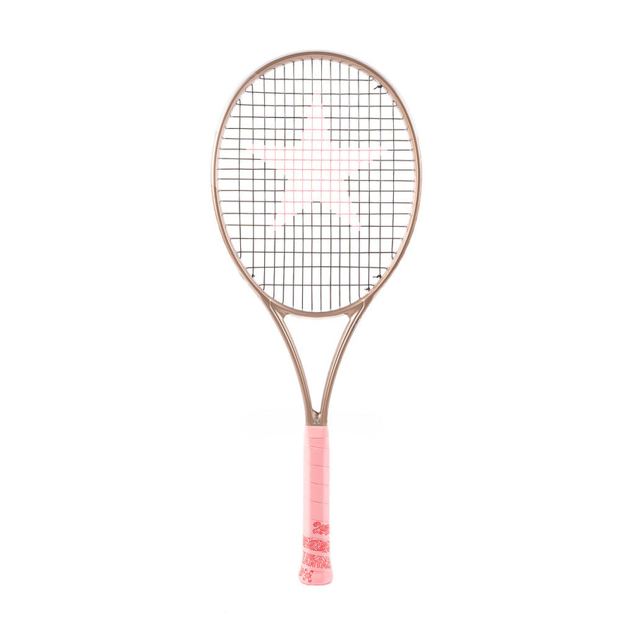 A tennis racket with a metallic rose gold frame, pink string bed, and a pink wrapped handle, shown vertically against a white background.