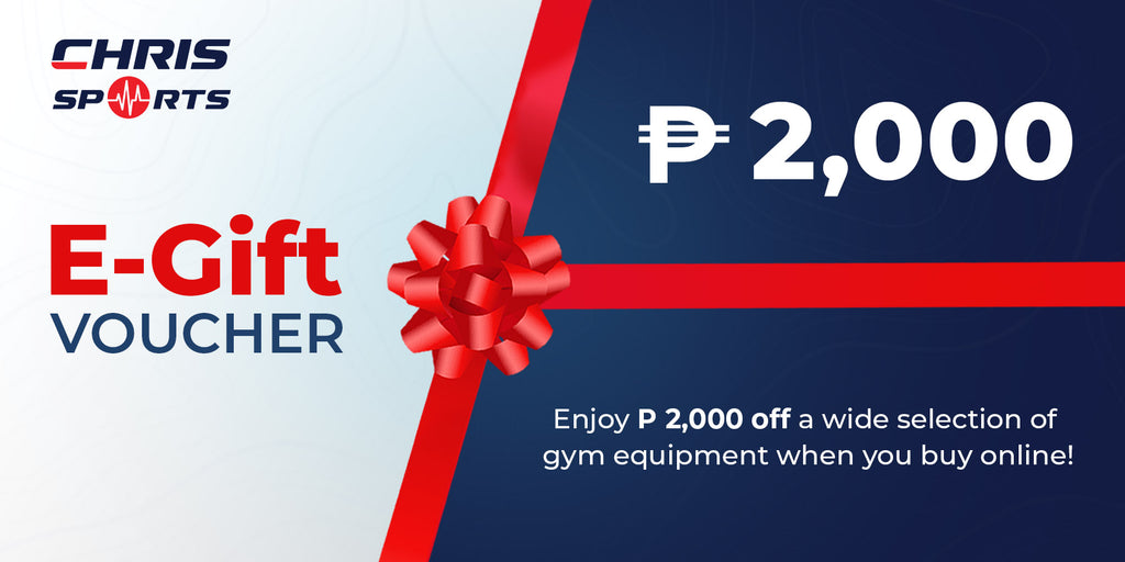 E-gift voucher for Chris Sports with a red ribbon and text on a blue and white background