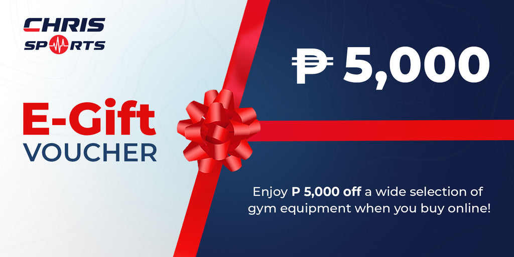 E-gift voucher for Chris Sports with a red ribbon and text on a blue and white background