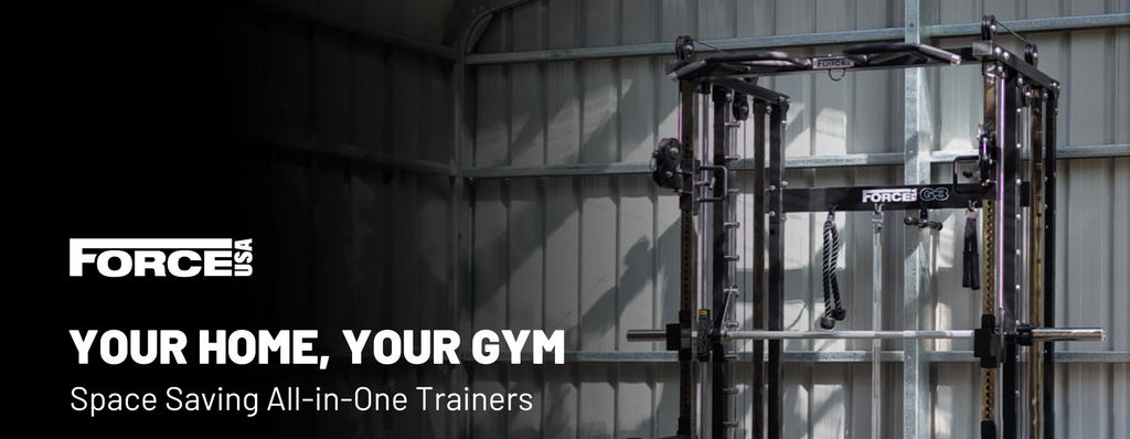 Force USA gym equipment with branding and text on a dark background