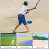 Person playing tennis on sand with inset images of tennis in grass, on a court, and on the beach.