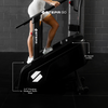 Person using a STEPR GO step machine with features highlighted on a dark background