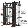 Gym equipment rack with highlighted components and text about included and optional accessories.