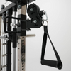 Black pulley system attached to a weightlifting rack with a white background