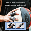 Person holding a basketball with finger guards on, text about design ease, and inset images of the product.